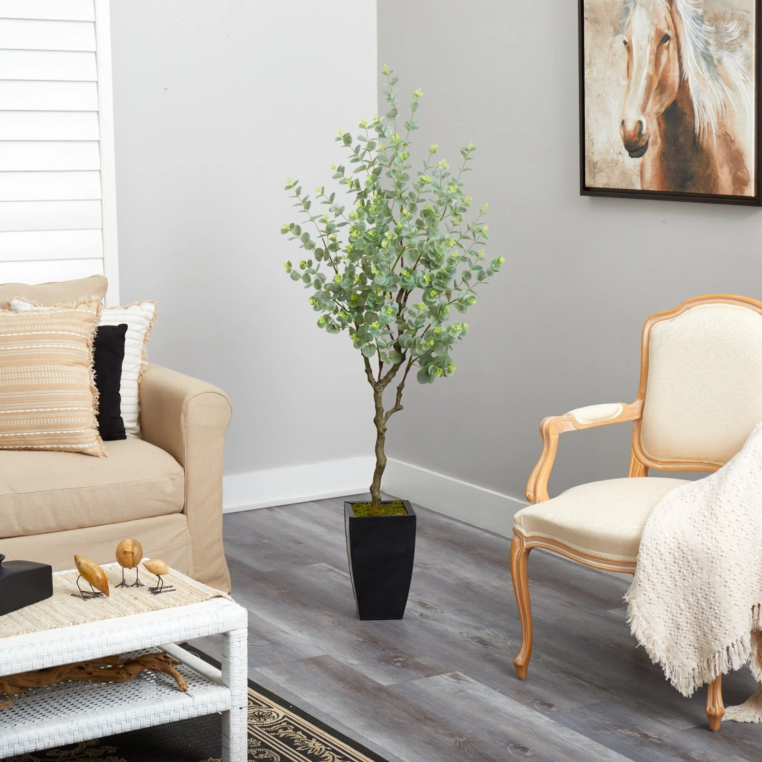 64” Eucalyptus Artificial Tree In Black Metal Planter 6 64” Eucalyptus Artificial Tree In Black Metal Planter - Image 4