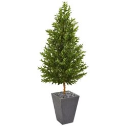 67” Olive Cone Topiary Artificial Tree In Slate Planter (Indoor/Outdoor)