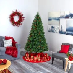 7’ Aberdeen Spruce Artificial Christmas Tree With 500 Clear LED Lights, Pine Cones And Red Berries -Artificial Flowers Sale artificial 7 aberdeen spruce artificial christmas tree with 500 clear led lights pine cones and red berries nearly natural 805475