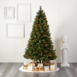 7’ Aberdeen Spruce Artificial Christmas Tree With 500 Clear LED Lights, Pine Cones And Red Berries -Artificial Flowers Sale artificial 7 aberdeen spruce artificial christmas tree with 500 clear led lights pine cones and red berries nearly natural 820515