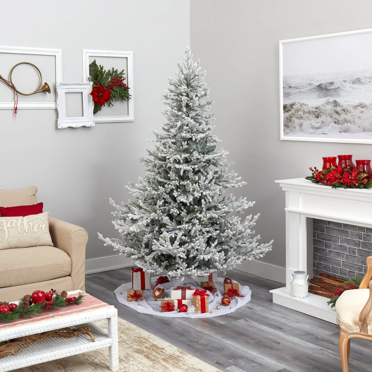 7’ Flocked Fraser Fir Artificial Christmas Tree With 600 Warm White Lights And 3852 Bendable Branches 6 7’ Flocked Fraser Fir Artificial Christmas Tree With 600 Warm White Lights And 3852 Bendable Branches - Image 4