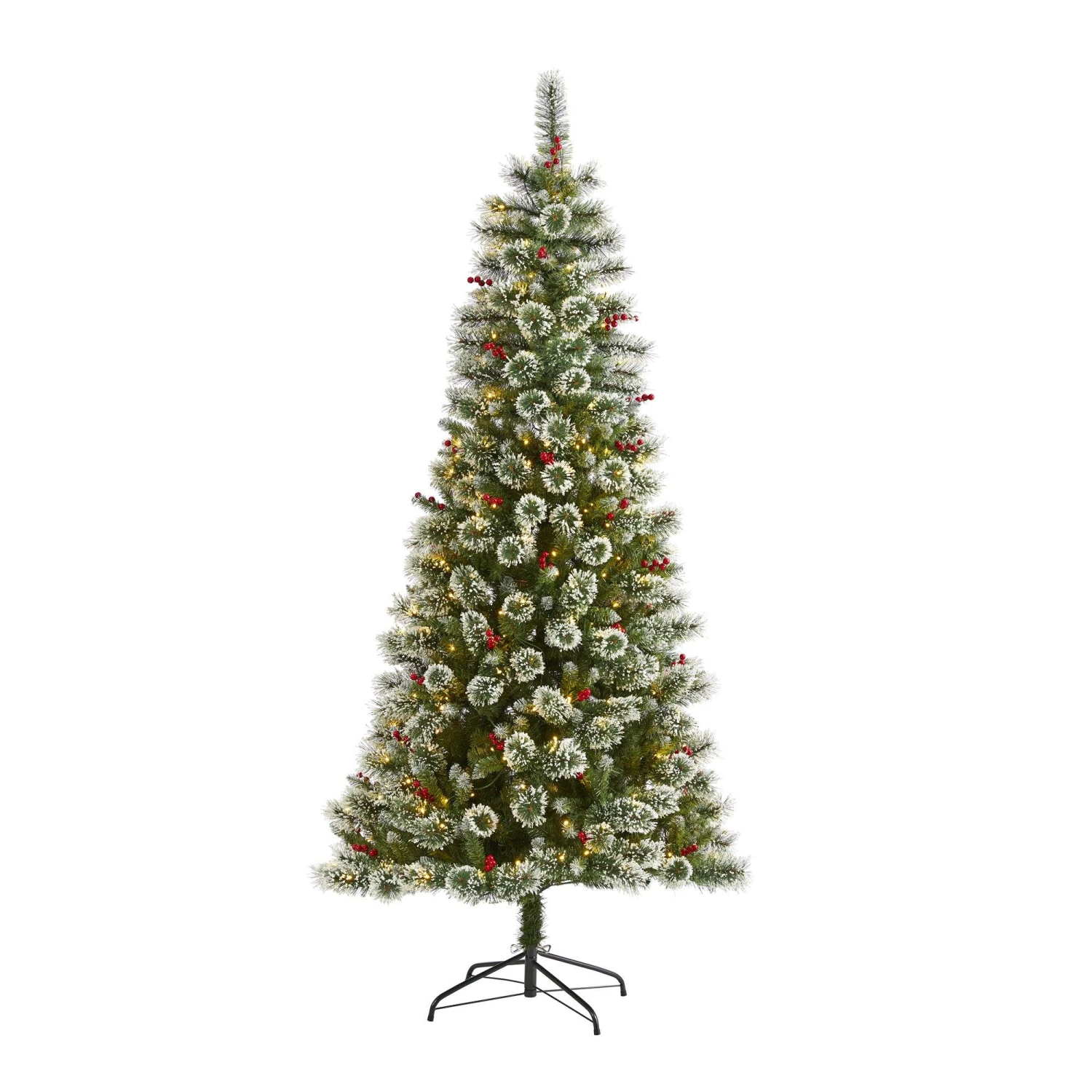 7’ Frosted Swiss Pine Artificial Christmas Tree With 400 Clear LED Lights And Berries 3 7’ Frosted Swiss Pine Artificial Christmas Tree With 400 Clear LED Lights And Berries