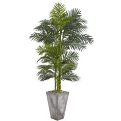 7’ Golden Cane Artificial Palm Tree In Cement Planter