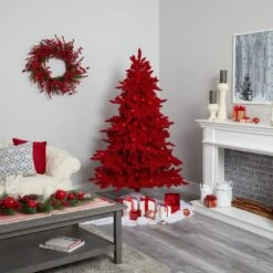 7' Red Flocked Fraser Fir Artificial Christmas Tree With 500 Red Lights, 40 Globe Bulbs And 1039 Bendable Branches -Artificial Flowers Sale artificial 7 red flocked fraser fir artificial christmas tree with 500 red lights 40 globe bulbs and 1039 bendable branches nearly natural 215876