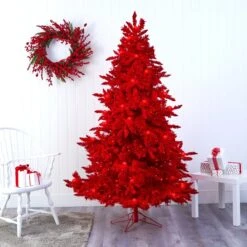 7' Red Flocked Fraser Fir Artificial Christmas Tree With 500 Red Lights, 40 Globe Bulbs And 1039 Bendable Branches -Artificial Flowers Sale artificial 7 red flocked fraser fir artificial christmas tree with 500 red lights 40 globe bulbs and 1039 bendable branches nearly natural 352768