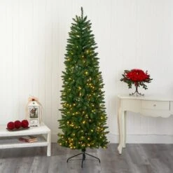 7’ Slim Green Mountain Pine Artificial Christmas Tree With 300 Clear LED Lights -Artificial Flowers Sale artificial 7 slim green mountain pine artificial christmas tree with 300 clear led lights nearly natural 398014
