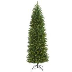 7’ Slim Green Mountain Pine Artificial Christmas Tree With 300 Clear LED Lights