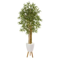 74” Multi Bambusa Bamboo Artificial Tree In White Planter With Stand