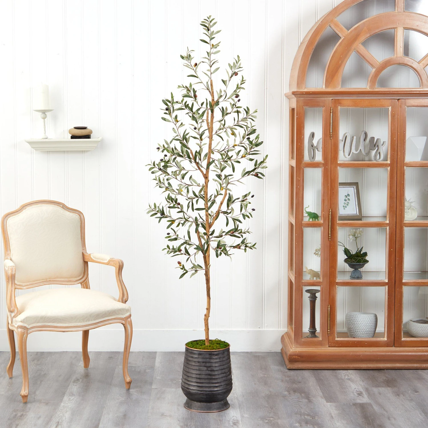 74” Olive Artificial Tree In Ribbed Metal Planter 5 74” Olive Artificial Tree In Ribbed Metal Planter - Image 3