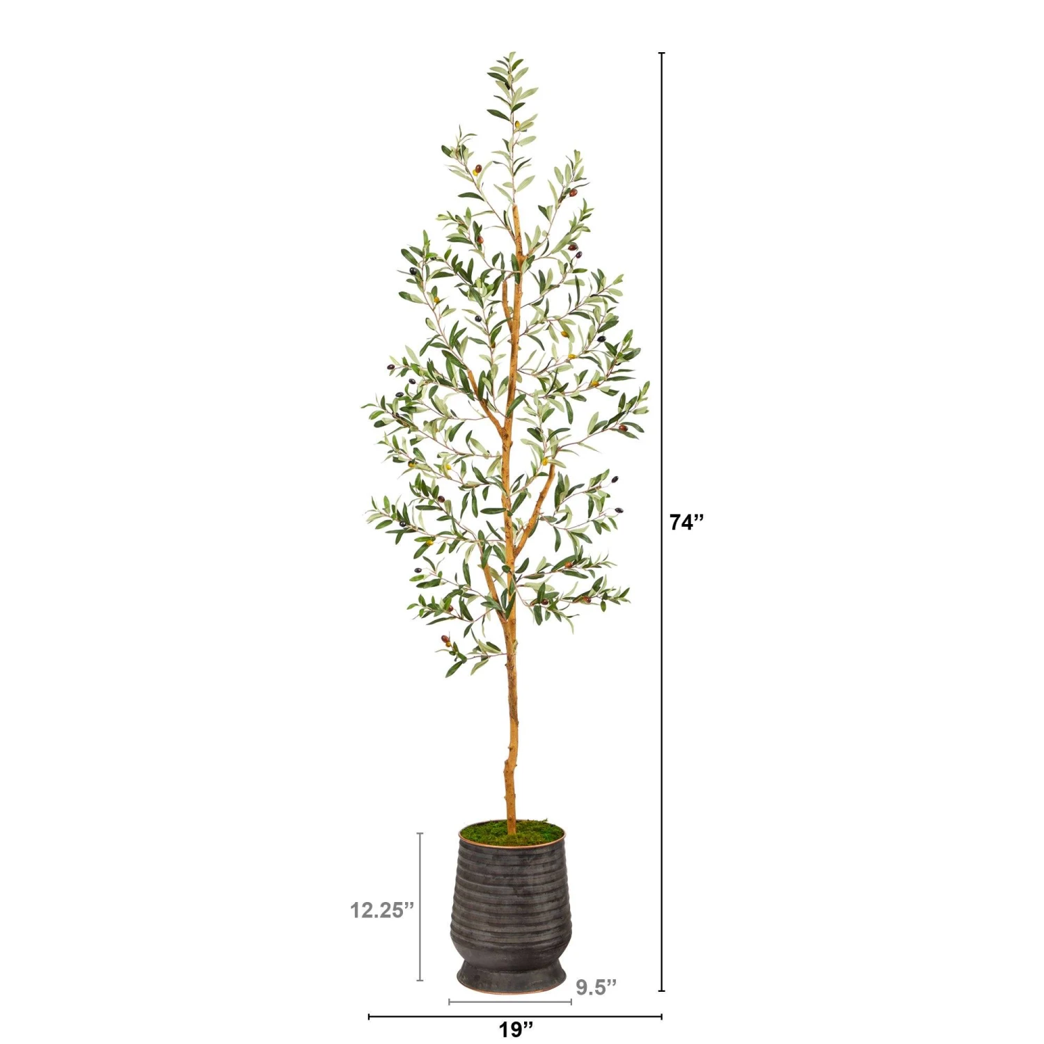 74” Olive Artificial Tree In Ribbed Metal Planter 4 74” Olive Artificial Tree In Ribbed Metal Planter - Image 2