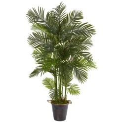 75” Areca Palm Artificial Tree In Decorative Metal Pail With Rope
