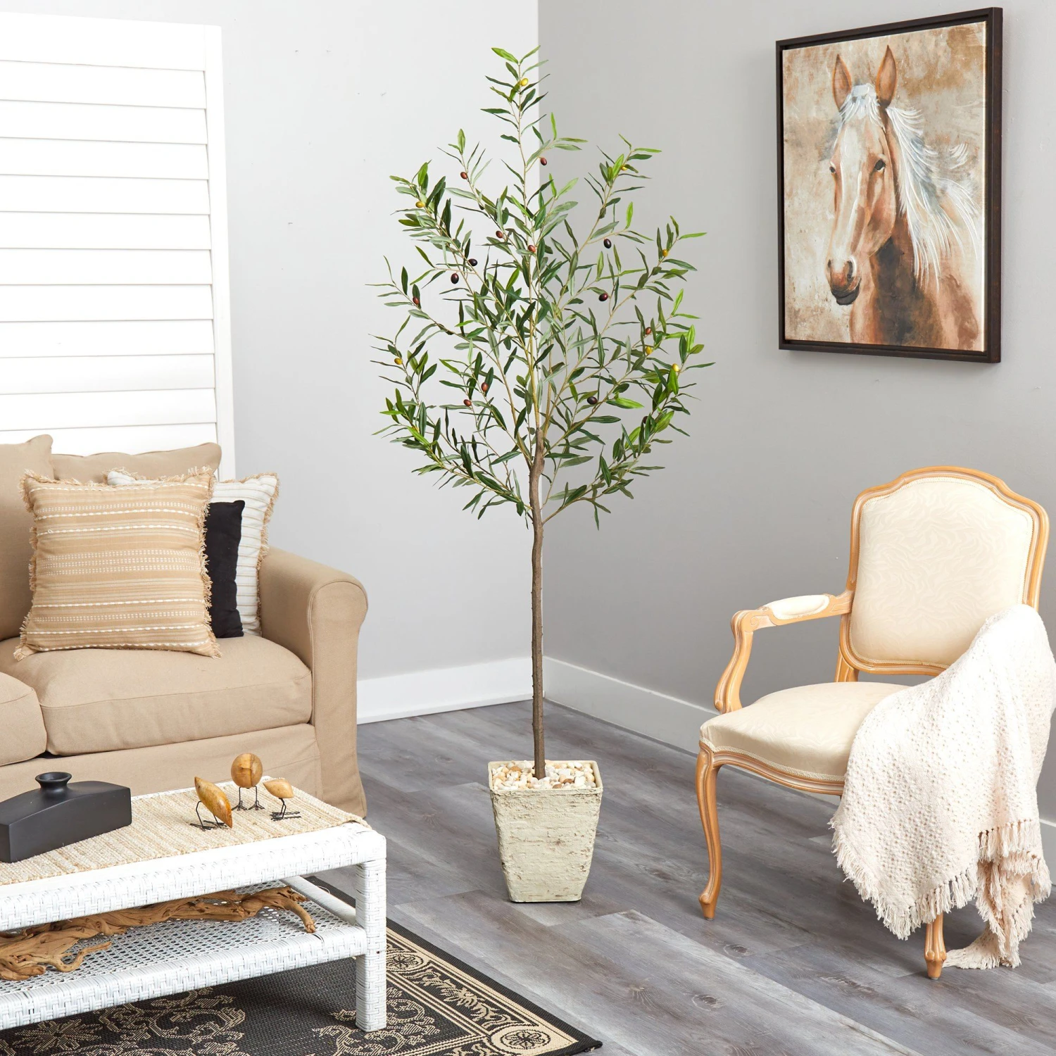 75” Olive Artificial Tree In Country White Planter 6 75” Olive Artificial Tree In Country White Planter - Image 4