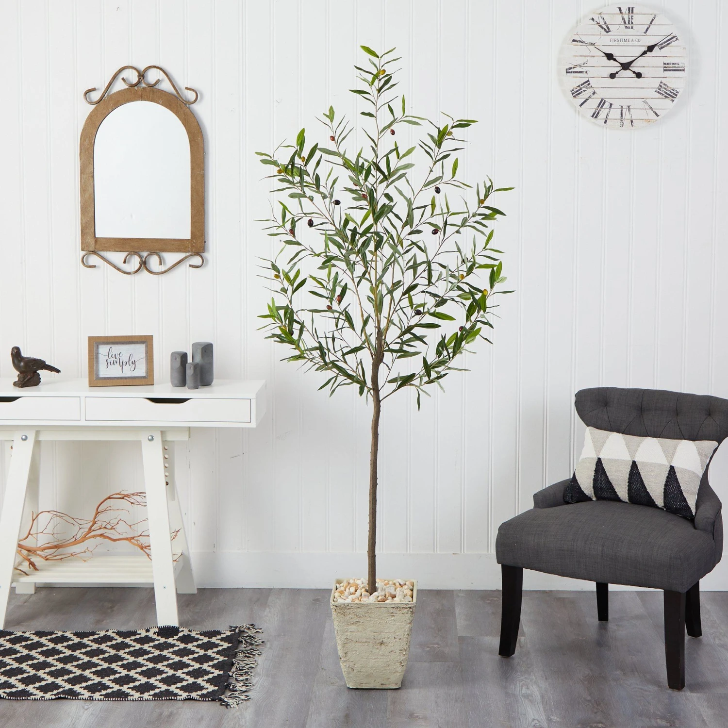75” Olive Artificial Tree In Country White Planter 5 75” Olive Artificial Tree In Country White Planter - Image 3