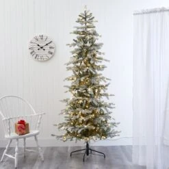7.5’ Slim Flocked Nova Scotia Spruce Artificial Christmas Tree With 450 Warm White LED Lights And 909 Bendable Branches -Artificial Flowers Sale artificial 75 slim flocked nova scotia spruce artificial christmas tree with 450 warm white led lights and 909 bendable branches nearly natural 102979