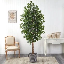 8’ Ficus Artificial Tree In Handmade Black And White Natural Jute And Cotton Planter -Artificial Flowers Sale artificial 8 ficus artificial tree in handmade black and white natural jute and cotton planter nearly natural 265102