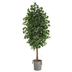 8’ Ficus Artificial Tree In Handmade Black And White Natural Jute And Cotton Planter