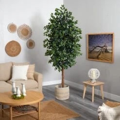 8’ Ficus Artificial Tree With Handmade Natural Cotton Multicolored Woven Planter -Artificial Flowers Sale artificial 8 ficus artificial tree with handmade natural cotton multicolored woven planter nearly natural 249160