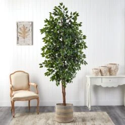 8’ Ficus Artificial Tree With Handmade Natural Cotton Multicolored Woven Planter -Artificial Flowers Sale artificial 8 ficus artificial tree with handmade natural cotton multicolored woven planter nearly natural 720613
