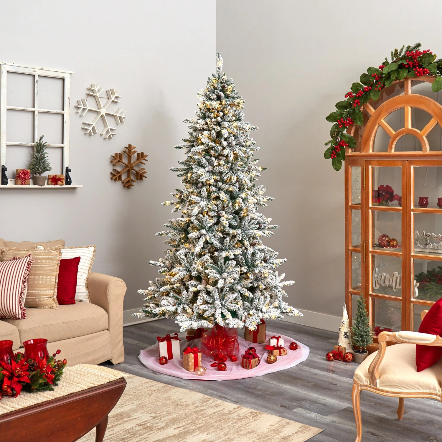 8’ Flocked Livingston Fir Artificial Christmas Tree With Pine Cones And 500 Clear Warm LED Lights 9 8’ Flocked Livingston Fir Artificial Christmas Tree With Pine Cones And 500 Clear Warm LED Lights - Image 7