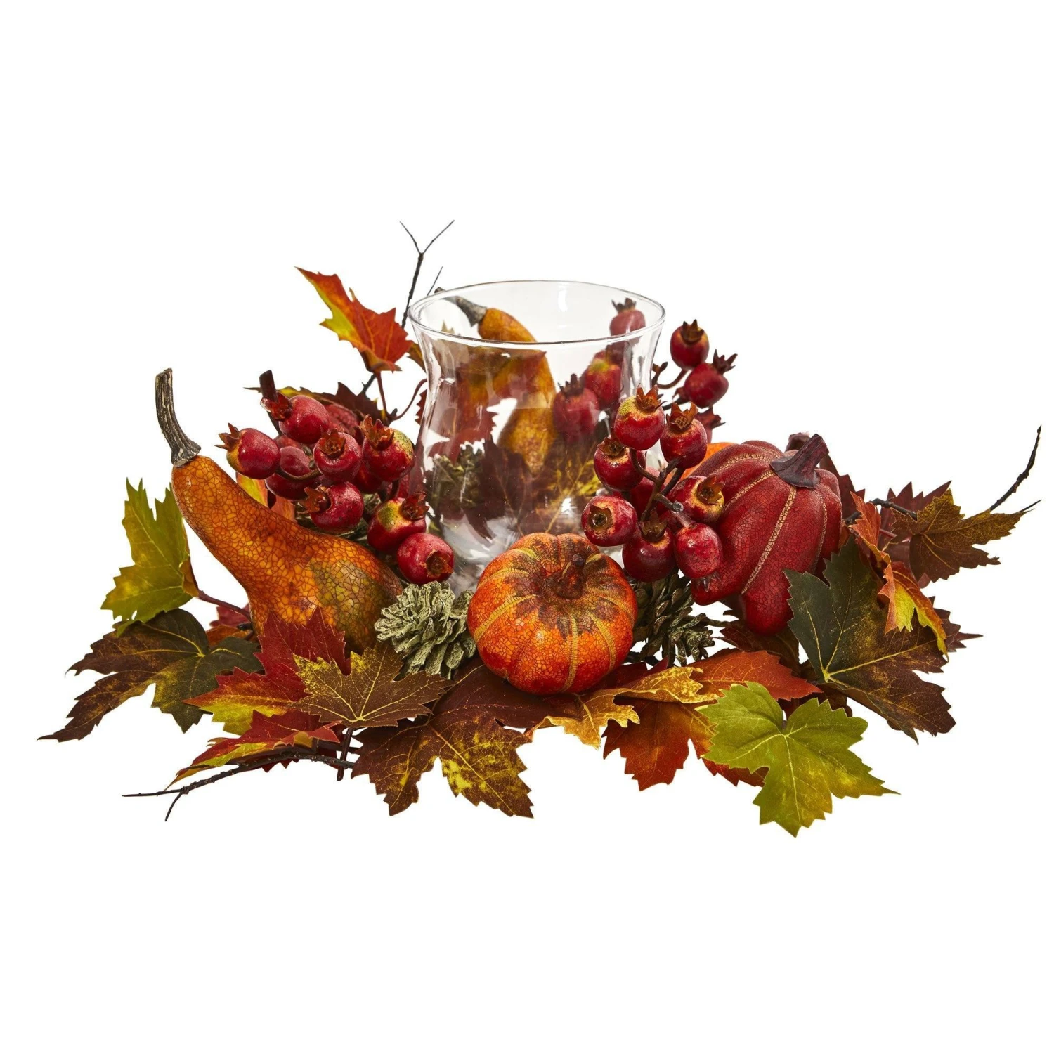 8" Pumpkin, Gourd, Berry And Maple Leaf Artificial Arrangement Candelabrum" 3 8" Pumpkin, Gourd, Berry And Maple Leaf Artificial Arrangement Candelabrum"