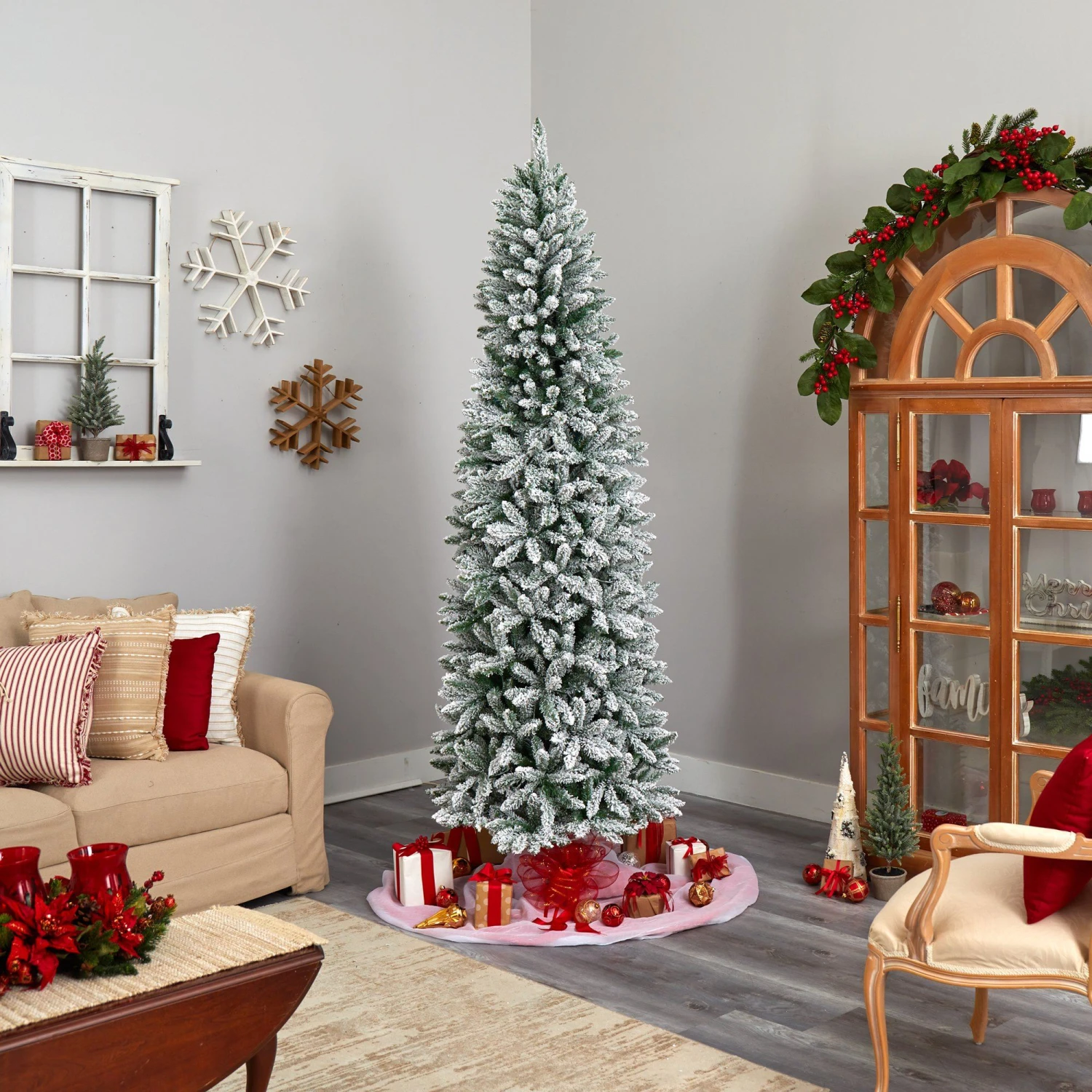 8’ Slim Flocked Montreal Fir Artificial Christmas Tree 10 8’ Slim Flocked Montreal Fir Artificial Christmas Tree - Image 8