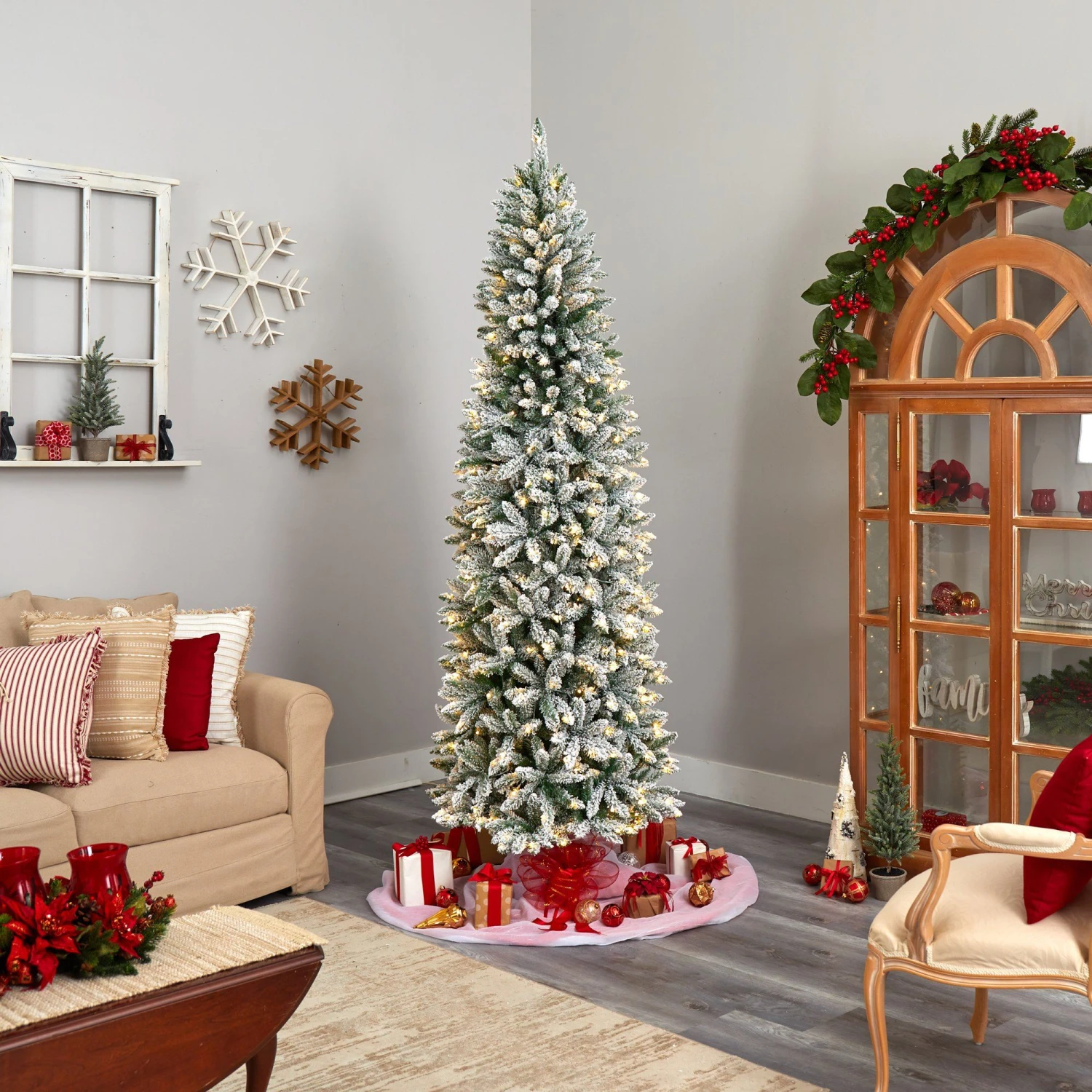 8’ Slim Flocked Montreal Fir Artificial Christmas Tree 9 8’ Slim Flocked Montreal Fir Artificial Christmas Tree - Image 7