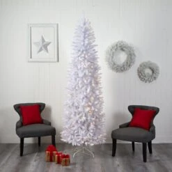 8’ Slim White Artificial Christmas Tree With 400 Warm White LED Lights And 1348 Bendable Branches -Artificial Flowers Sale artificial 8 slim white artificial christmas tree with 400 warm white led lights and 1348 bendable branches nearly natural 630376
