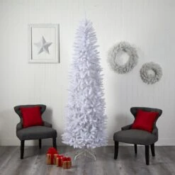 8’ Slim White Artificial Christmas Tree With 400 Warm White LED Lights And 1348 Bendable Branches -Artificial Flowers Sale artificial 8 slim white artificial christmas tree with 400 warm white led lights and 1348 bendable branches nearly natural 677293