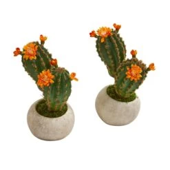9” Flowering Cactus Succulent Artificial Plant In Stone Planter (Set Of 2)