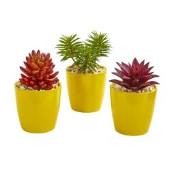 9” Mixed Succulent Artificial Plant In Yellow Vase (Set Of 3)
