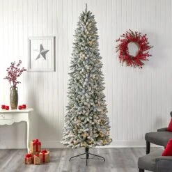 9’ Slim Flocked Montreal Fir Artificial Christmas Tree -Artificial Flowers Sale artificial 9 slim flocked montreal fir tree with 600 warm white led lights and 1860 bendable branches nearly natural 428017