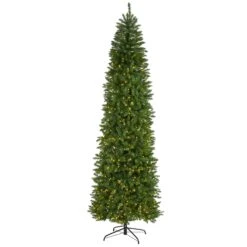 9’ Slim Green Mountain Pine Artificial Christmas Tree With 600 Clear LED Lights