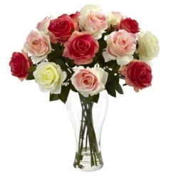 Assorted Blooming Roses W/Vase