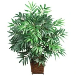 Bamboo Palm W/Wood Wicker Basket Silk Plant