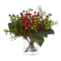 Berry, Pine And Boxwood Artificial Arrangement