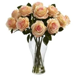 Blooming Roses W/Vase -Artificial Flowers Sale artificial blooming roses wvase nearly natural peach 892266