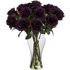 Blooming Roses W/Vase -Artificial Flowers Sale artificial blooming roses wvase nearly natural purple elegance 694352