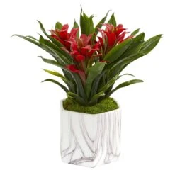 Bromeliad Artificial Plant In Marble Finished Vase -Artificial Flowers Sale artificial bromeliad artificial plant in marble finished vase nearly natural red 238209
