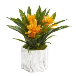 Bromeliad Artificial Plant In Marble Finished Vase -Artificial Flowers Sale artificial bromeliad artificial plant in marble finished vase nearly natural yellow 924303