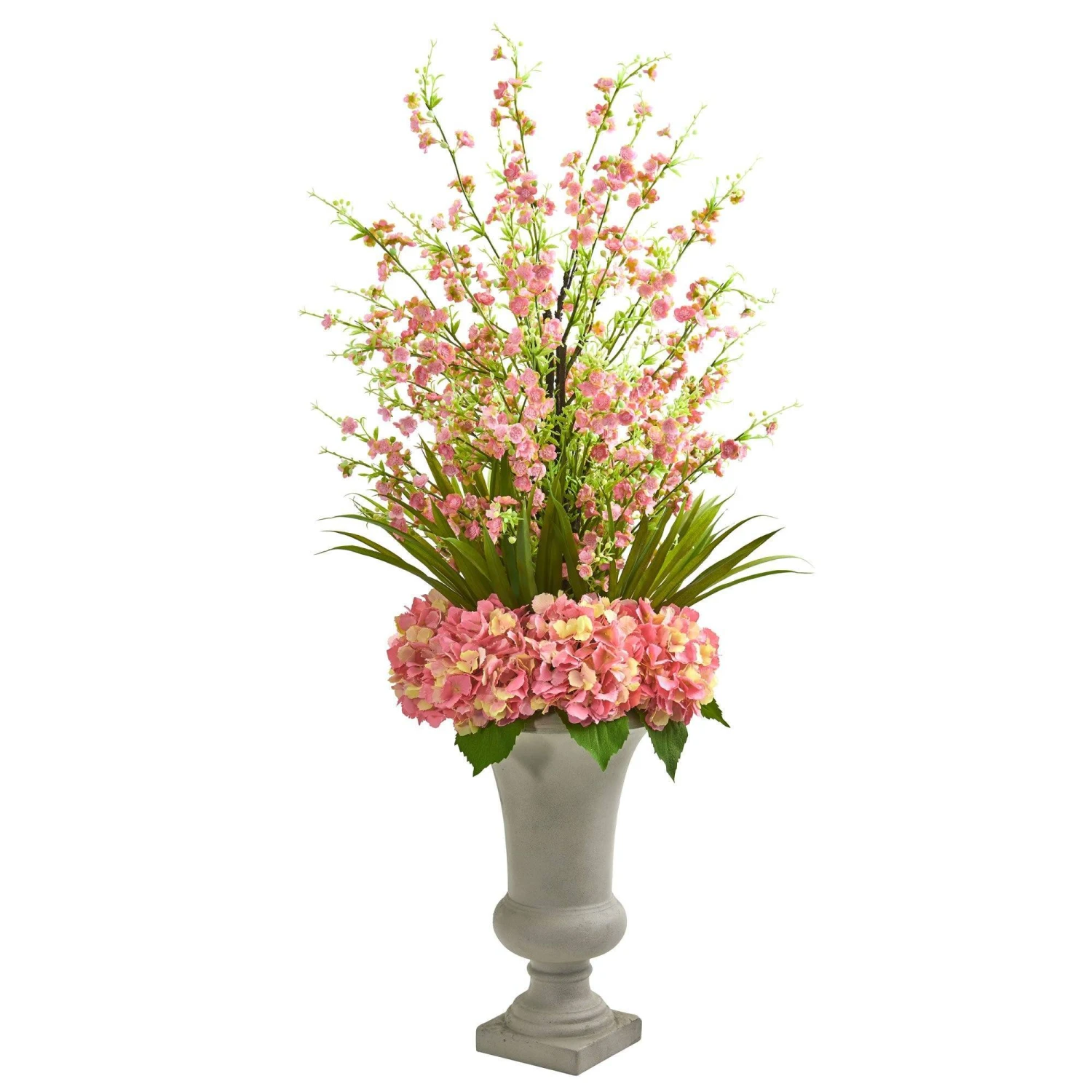 Cherry Blossom & Hydrangeas Artificial Arrangement In Urn 3 Cherry Blossom & Hydrangeas Artificial Arrangement In Urn
