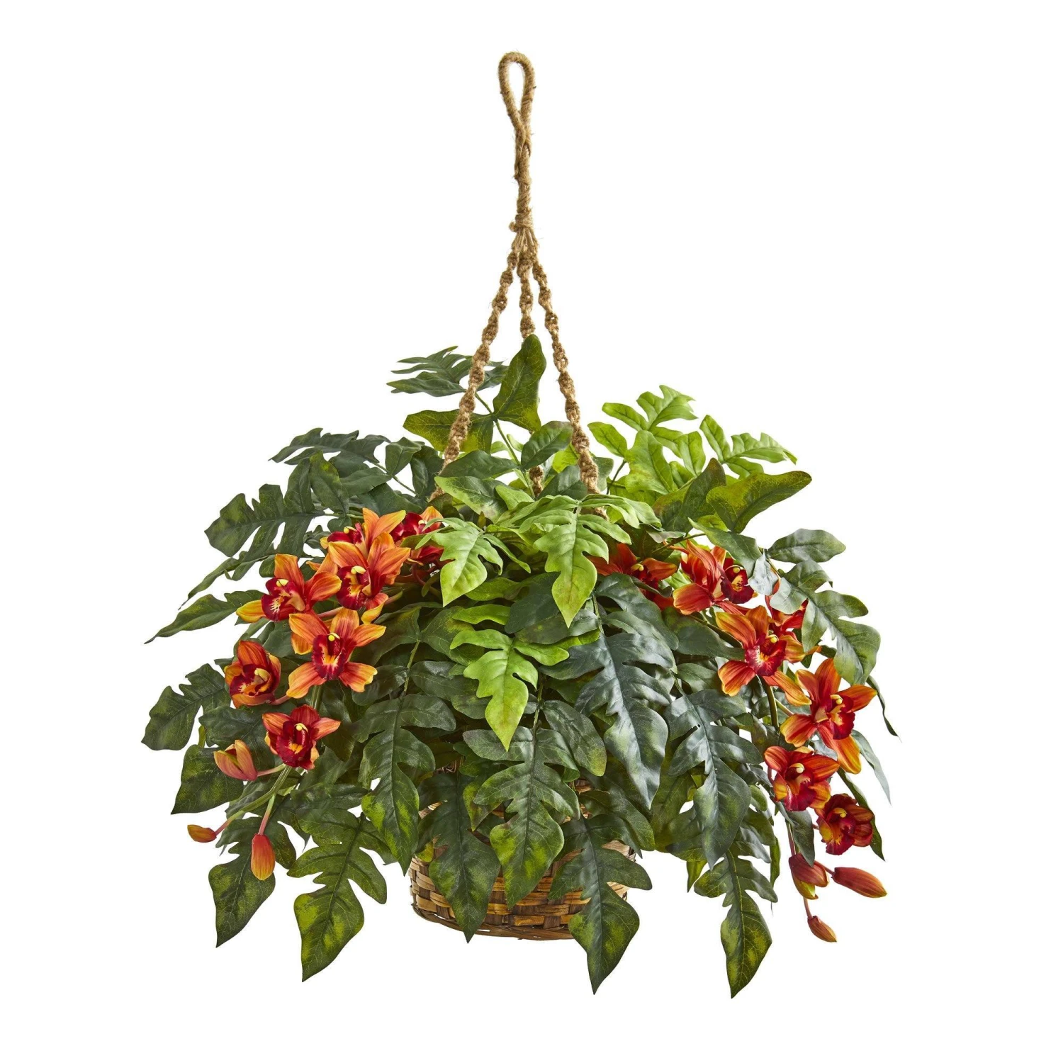 Cymbidium Orchid & Fern Artificial Arrangement In Hanging Basket 3 Cymbidium Orchid & Fern Artificial Arrangement In Hanging Basket