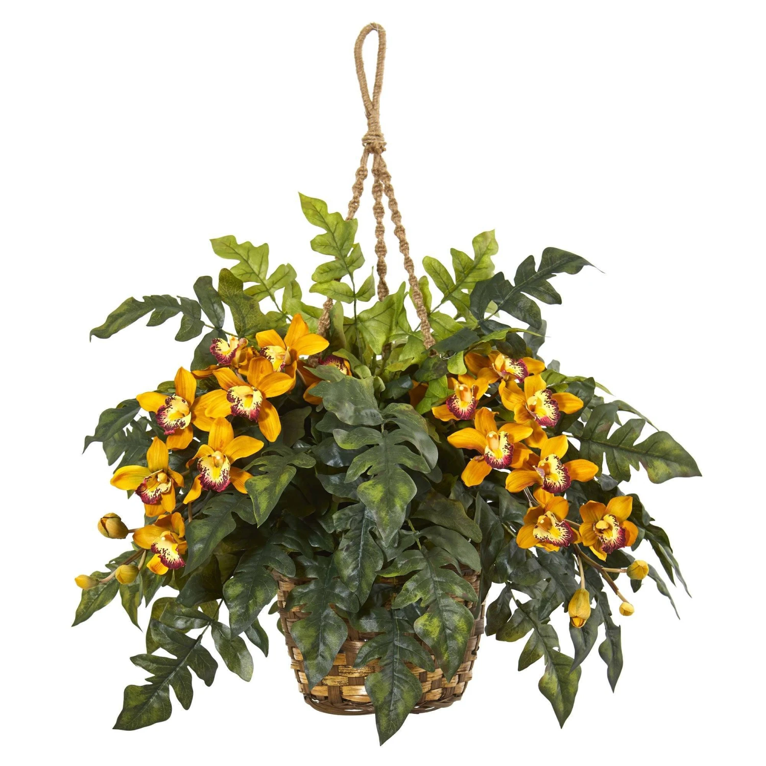 Cymbidium Orchid & Fern Artificial Arrangement In Hanging Basket 4 Cymbidium Orchid & Fern Artificial Arrangement In Hanging Basket - Image 2