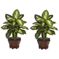 Dieffenbachia W/Wood Vase Silk Plant (Set Of 2) -Artificial Flowers Sale artificial dieffenbachia wwood vase silk plant set of 2 nearly natural 565431