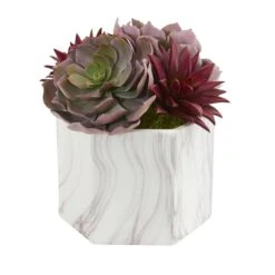 Echeveria And Spike Agave Succulent Artificial Plant In Marble Vase