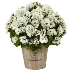 Geranium In Farmhouse Planter UV Resistant (Indoor/Outdoor) -Artificial Flowers Sale artificial geranium in farmhouse planter uv resistant indooroutdoor nearly natural white 362589