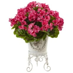 Geranium With Metal Planter UV Resistant (Indoor/Outdoor) 7 Geranium With Metal Planter UV Resistant (Indoor/Outdoor) -Artificial Flowers Sale artificial geranium with metal planter uv resistant indooroutdoor nearly natural beauty 502890