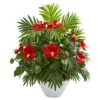 Hibiscus And Areca Palm Artificial Plant In White Bowl -Artificial Flowers Sale artificial hibiscus and areca palm artificial plant in white bowl nearly natural 213748