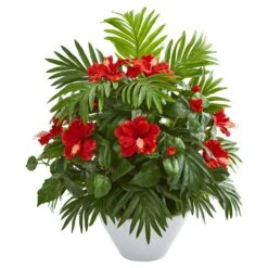 Hibiscus And Areca Palm Artificial Plant In White Bowl
