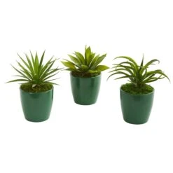 Mini Agaves Artificial Plant In Green Planter (Set Of 3)