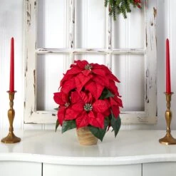 Poinsettia W/Ceramic Vase Silk Flower Arrangement -Artificial Flowers Sale artificial poinsettia wceramic vase silk flower arrangement nearly natural 759767